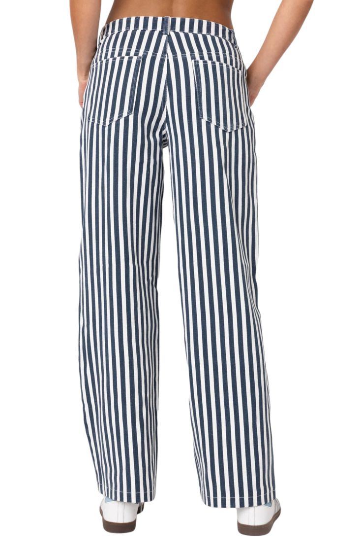 Neat stripes create a vintage-chic aesthetic on these nonstretch wide-leg jeans updated with a low-rise waist. Zip fly with button closure Front scoop pockets; back patch pockets 100% cotton Machine wash, dry flat Imported Chic Striped Wide Leg Cotton Pants, Chic Striped Cotton Wide Leg Pants, Casual Wide Leg Pants For Work, Spring Pinstripe Wide Leg Straight Pants, Pinstripe Wide Leg Cotton Bottoms, Chic Striped Cotton Pants, Spring Wide Leg Cotton Pants With Vertical Stripes, Spring Cotton Wide Leg Pants With Vertical Stripes, Striped Straight Leg Cotton Jeans