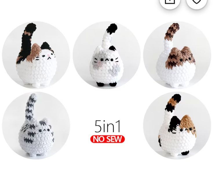 four different crocheted cats are shown with the same number on each cat's head