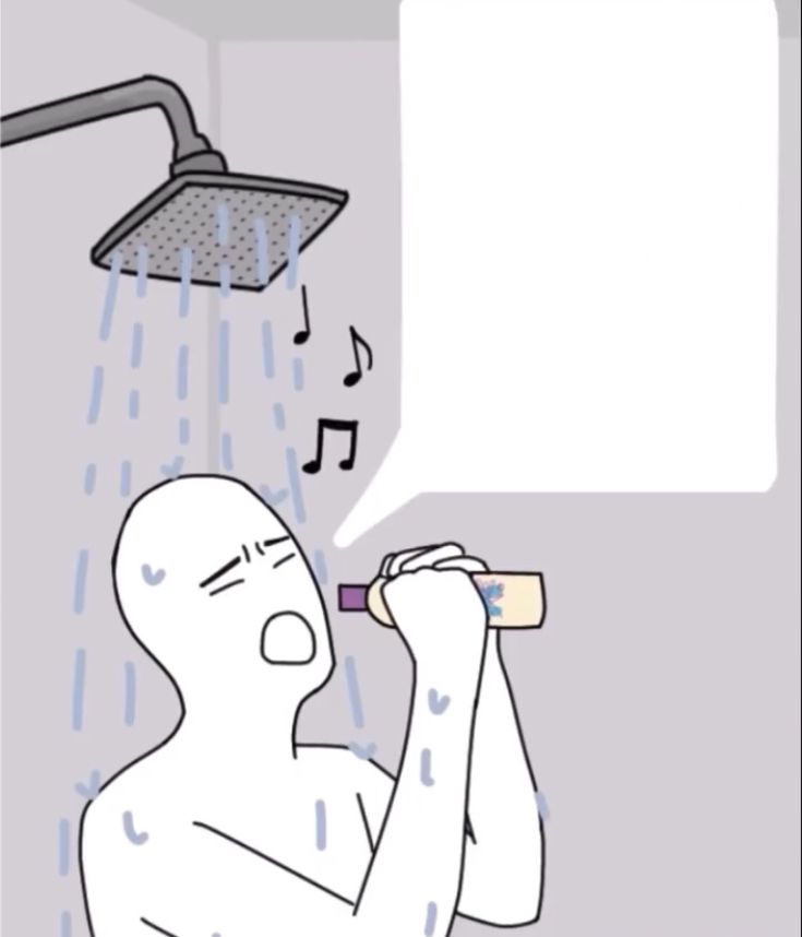 a man that is in the shower with an empty speech bubble above his head and music notes coming out of it