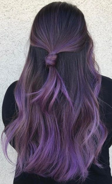 Purple Balayage Hair, Long Purple Hair, Short Purple Hair, Purple Hair Highlights, Purple Balayage, Balayage Hair Color Ideas, Rambut Brunette, Purple Ombre Hair, Dark Purple Hair