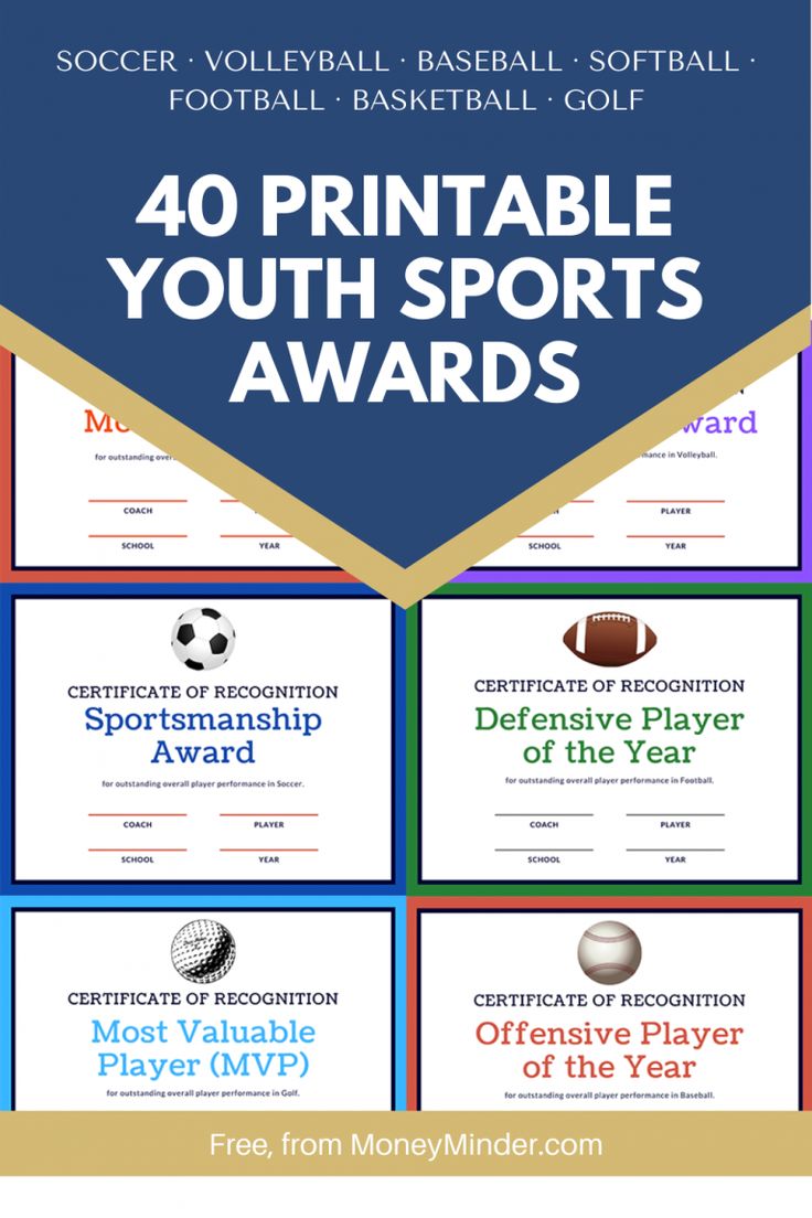 an award certificate for youth sports players with the words, 40 printable youth sports awards