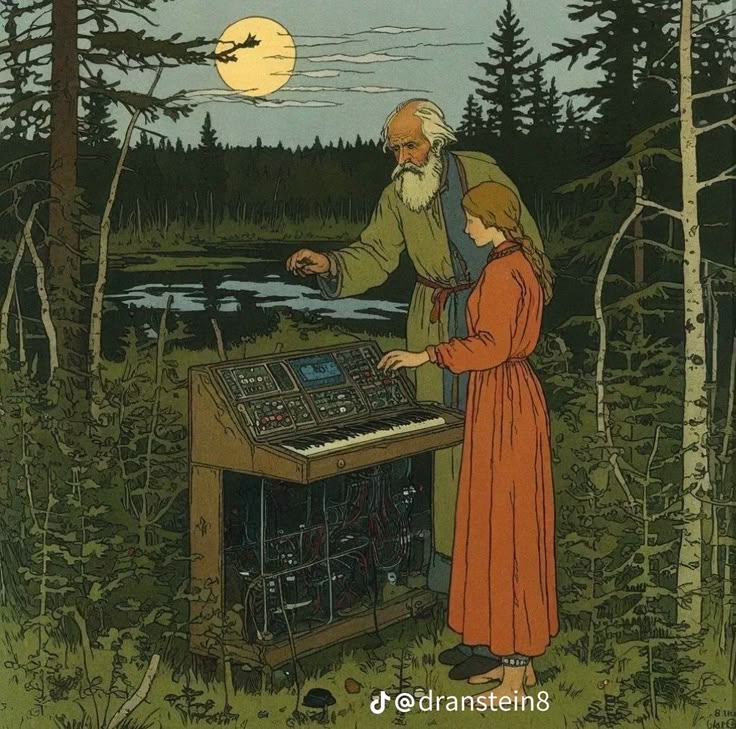 an old man and woman are playing music in the woods