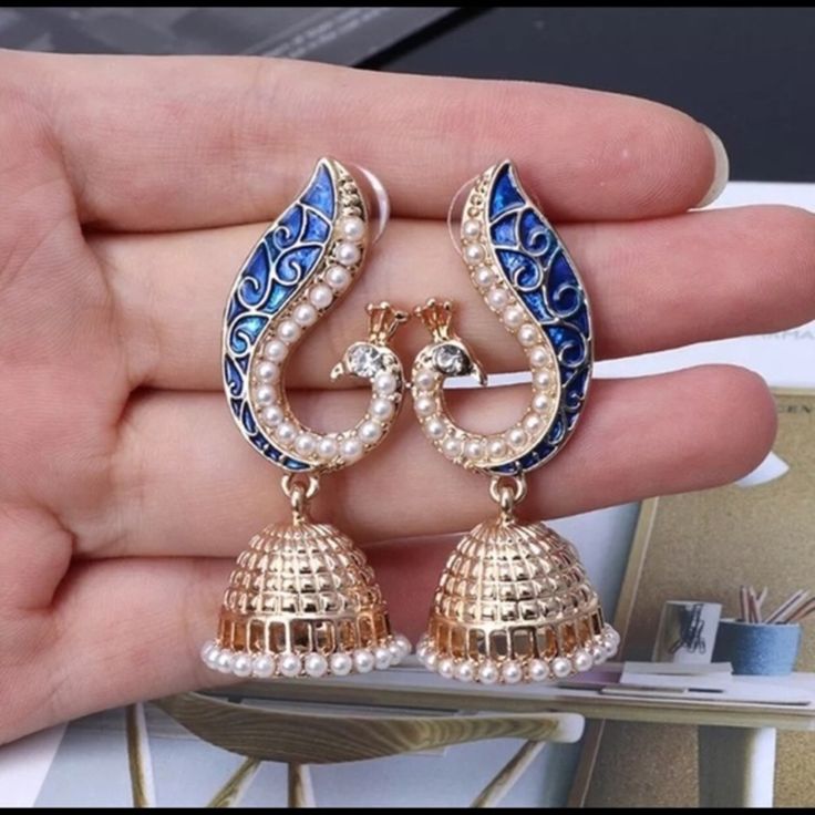 Vintage Art Deco Bollywood Blue And Gold Earrings Retro Indian, Indian Jhumka, Indian Peacock, Peacock Pendant, Peacock Earrings, Earrings Indian, Indian Bollywood, Jhumka Earrings, Round Stud Earrings