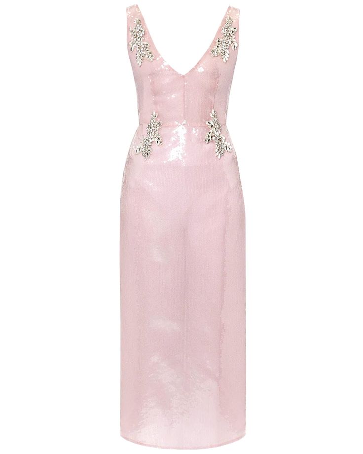 ERDEM Pink V Neck Cocktail Dress V neck V back Sleeveless Concealed back zip closure Pencil skirt Midi length Crystal embellishment detail Sequin fabrication throughout 100% polyester outer, 60% glass, 30% brass, 10% acrylic detail, 73% acetate, 27% silk, lining Erdem Dress, Embellishment Details, V Neck Cocktail Dress, Skirt Midi, Crystal Embellishment, Midi Length, Pencil Skirt, Midi Skirt, Sequin