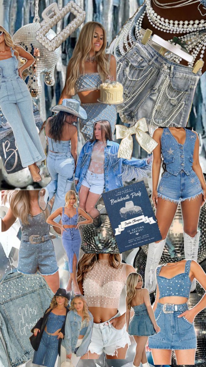 the collage shows many different types of clothing and accessories, including denim shorts, high waist