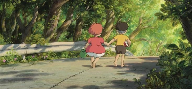 two children are walking down a path in the woods, one is holding hands with the other