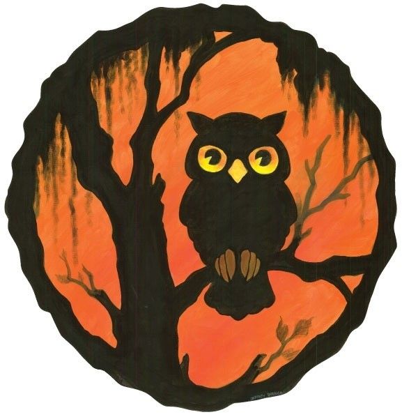 an owl sitting on a tree branch with the moon in the background and orange sky