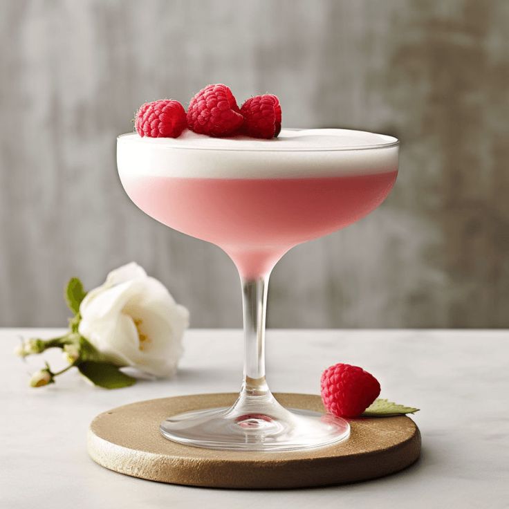 raspberry martini in a coupe glass with fresh raspberries on the rim