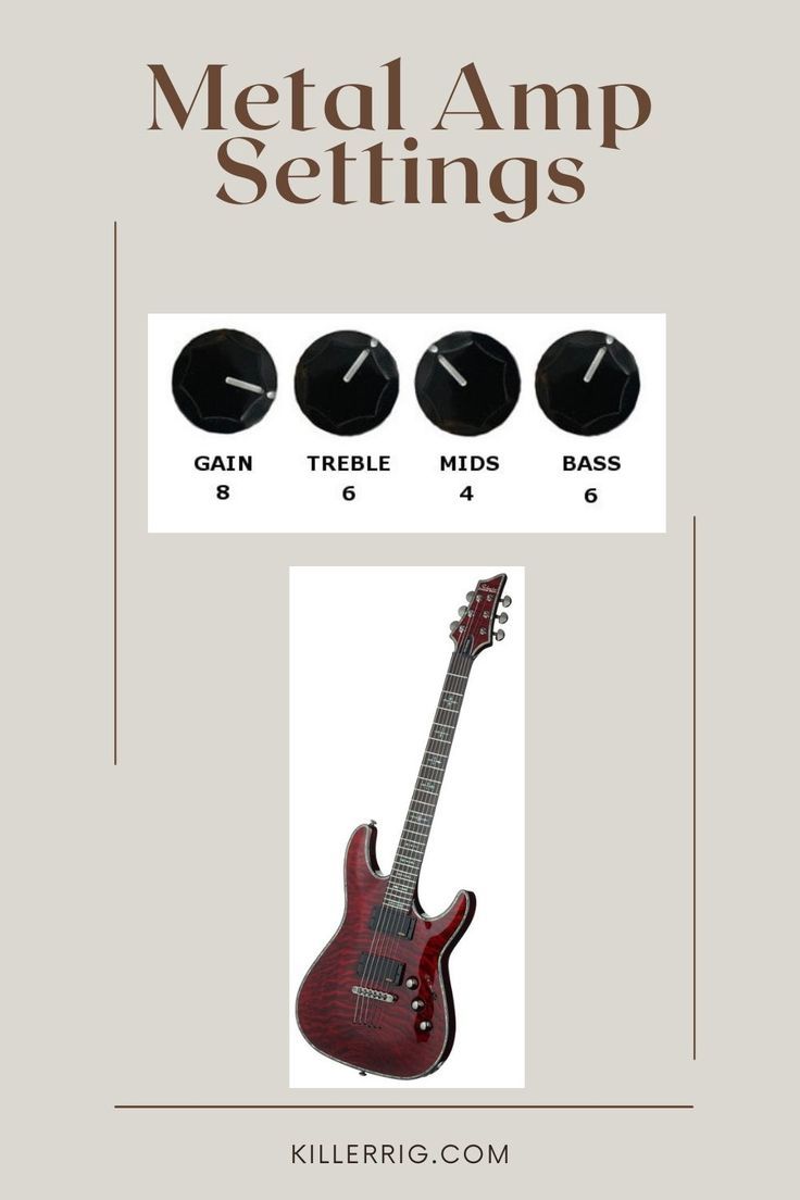 an electric guitar with four different knobs and the words metal amp settings on it