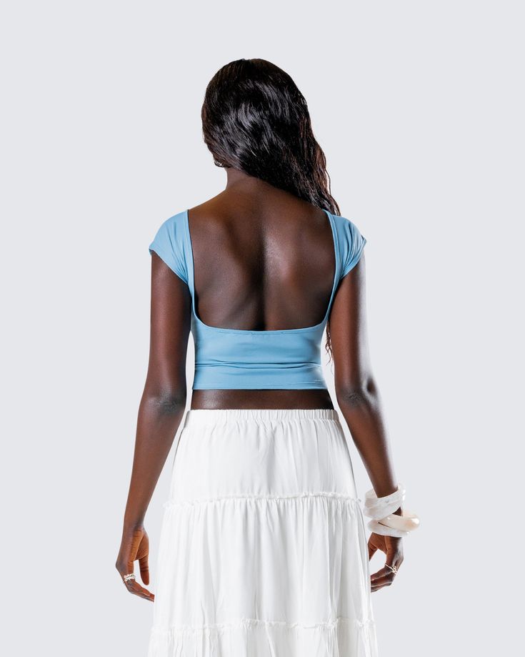 Sleek in the front, sexy in the back �💙 Made from jersey fabric, complete with a cap sleeve, regular length, low open back, and form-fitting style - this blue backless top is perfect for casual days, nights out, and everything in between 😍 White Corset Dress, Yellow Mini Dress, Chain Dress, Black Off Shoulder, White Corset, Backless Top, Sequin Mini Skirts, Pink Sequin, Sequin Mini