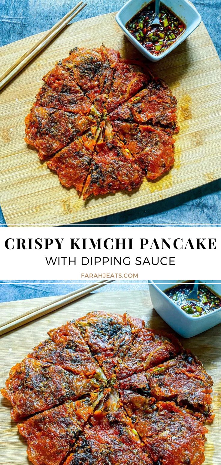 Crispy kimchi pancake served on a wooden board, with a side of dipping sauce served in a white bowl. Next to the kimchi is a pair of wooden chopsticks. Kimchi Side Dish Recipes, Kimchi Pancake Dipping Sauce, Easy Recipes With Kimchi, Kim Chee Recipes, Crispy Korean Pancake Recipe, Chive Pancake Korean, Leftover Kimchi Recipe, Korean Pancake Mix Recipe, Kimchi Pancake Recipe Easy