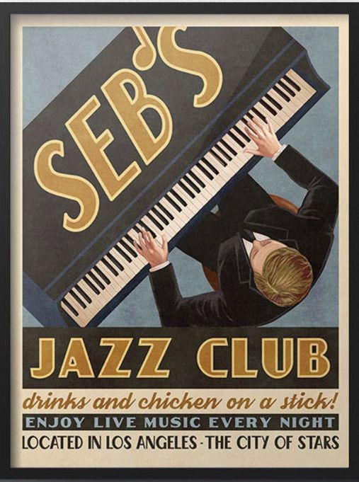 an advertisement for a jazz club featuring a woman playing the piano with her hands on top of it