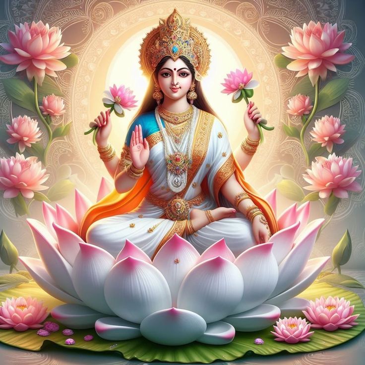 the goddess sitting on top of a lotus flower