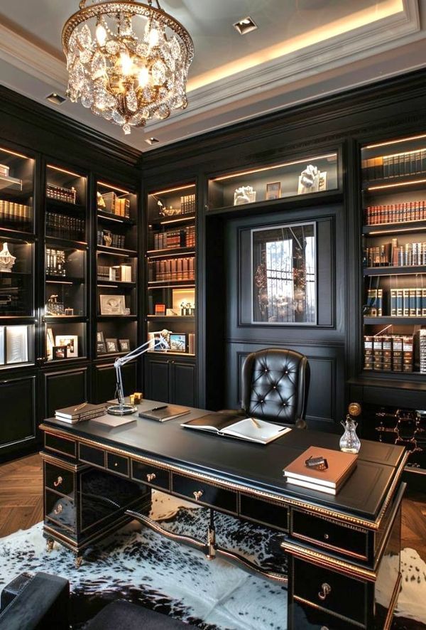 a home office with black walls and leather furniture, chandelier above the desk