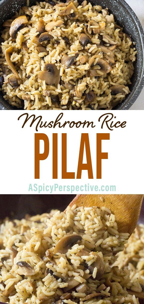 mushroom rice pilaf in a skillet with a wooden spoon on the side