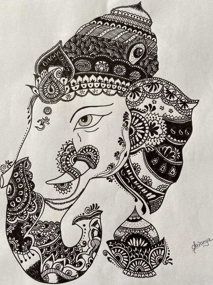 a drawing of an elephant with intricate patterns on it's face and head, in black and white