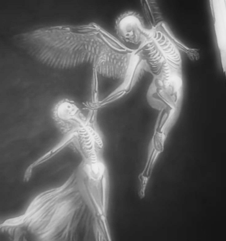 two skeletons are holding hands with an angel