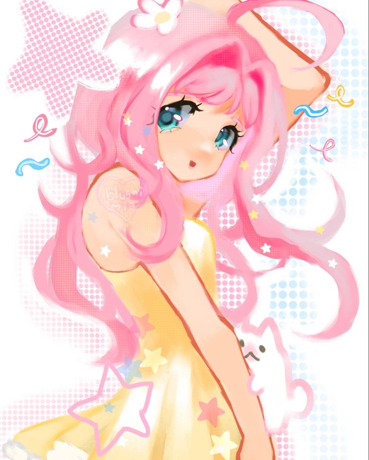 Fluttershy, An Anime, Pink Hair, A Girl, Stars, Yellow, Hair, Anime, Pink