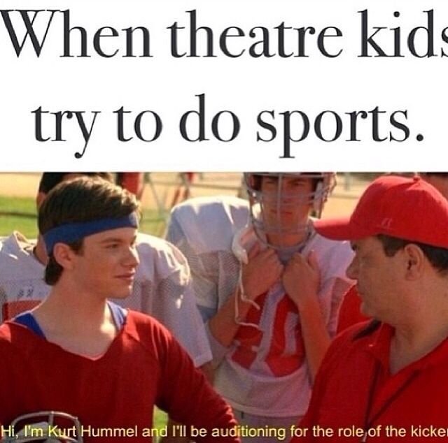 two boys in red baseball uniforms talking to each other with the caption'when theatre kids try to do sports '