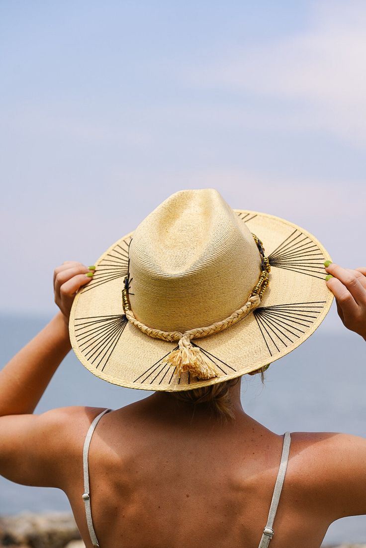 Natural Palm Wide Brim Hat with Complex Left Agave/Fan Design (Black). Optional Cowhorn Hat Bands are handcrafted in Uganda, Africa and made to order. Custom designed and hand made hats by artisans in San Jose Del Cabo, Mexico. These hats are one size fits most with an elastic band inside to add comfort and fit for all head sizes. Each hat has a 3-4 week turnaround. Please note, all hats come with natural braid unless custom braid is purchased. Artisan Handwoven Adjustable Fedora, Artisan Handwoven Fedora, Artisan Toquilla Straw Hat With Short Brim, Handmade Fedora Panama Hat In Toquilla Straw, Artisan Adjustable Fedora In Toquilla Straw, Artisan Hats With Curved Brim For Vacation, Natural Handmade Fedora With Short Brim, Handmade Natural Fedora With Short Brim, Handwoven Flat Brim Hat For Kentucky Derby