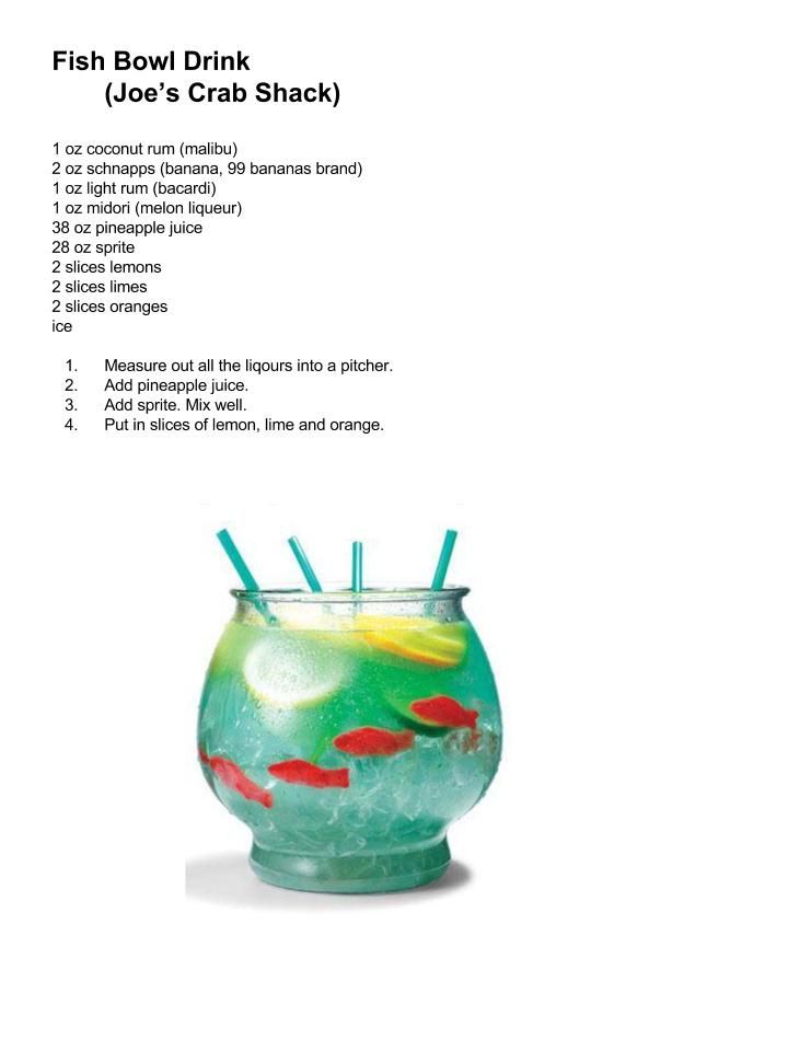 a fish bowl drink with straws sticking out of it's sides and the contents labeled below