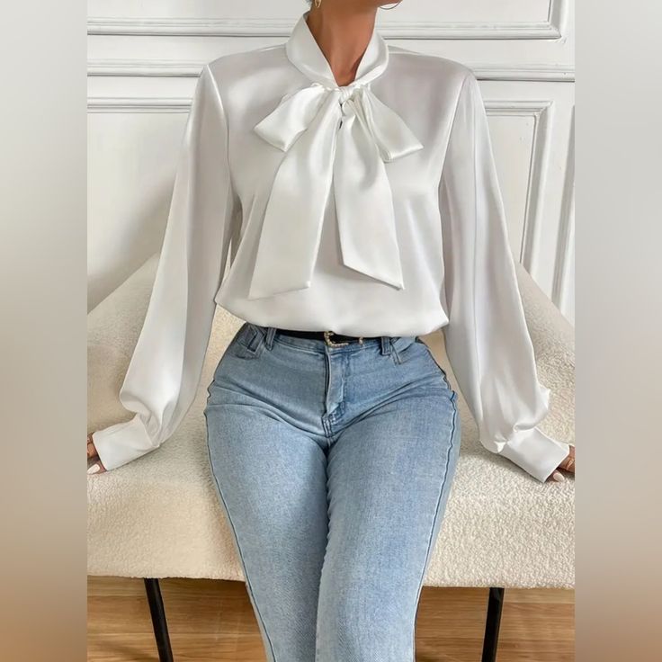 Stunning Solid Color Tie Neck Satin Blouse - Elegant Long Sleeve Women's Blouses For Spring & Fall - Classic, Chic, And Comfortable Clothing For Ladies Size Med/6 Bust 35-37 Waist 27-29 Polyester Long Sleeve Bow Detail Semi Sheer Tie Neck Collar Satin Bluse, Classic Blouses, Affordable Dresses, Women's Blouses, Tie Neck Blouse, Bow Blouse, Satin Blouse, Classic Chic, Work Blouse