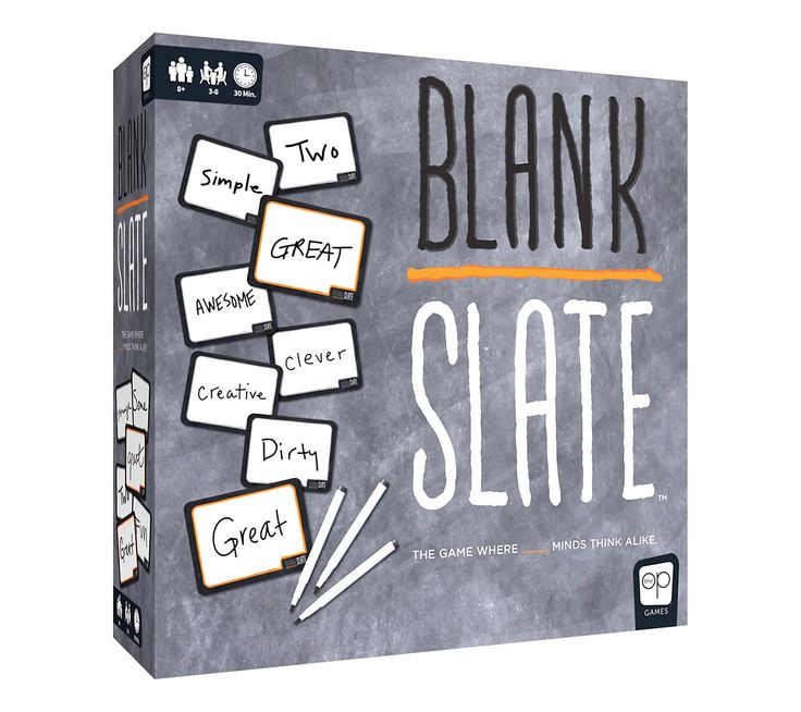 the game blank slate is shown in front of a chalkboard with words on it