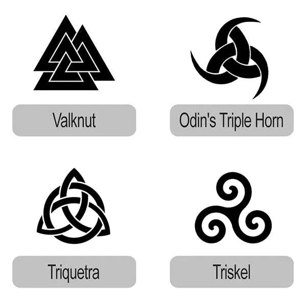 four different types of emblems on a white background with the words valknut, odin's triple horn and triske