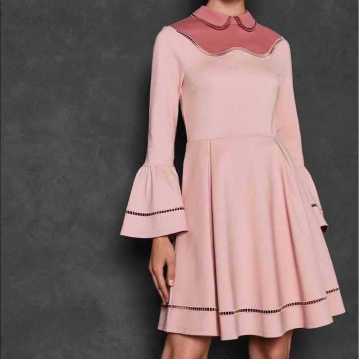 Ted Baker Long Sleeve Skater Dress Pippiy Like New, Only Worn Twice Ted Size 2 Fitted Mini Dress With Doll Collar For Fall, Feminine Collared Fall Dresses, Fitted Fall Mini Dress With Doll Collar, Pink Collared Dress For Fall, Feminine Pink Dress With Peter Pan Collar, Pink Fitted Dress With Peter Pan Collar, Chic Fall Dress With Peter Pan Collar, Pink Fitted Collared Midi Dress, Pink Mini Dress For Daywear In Fall