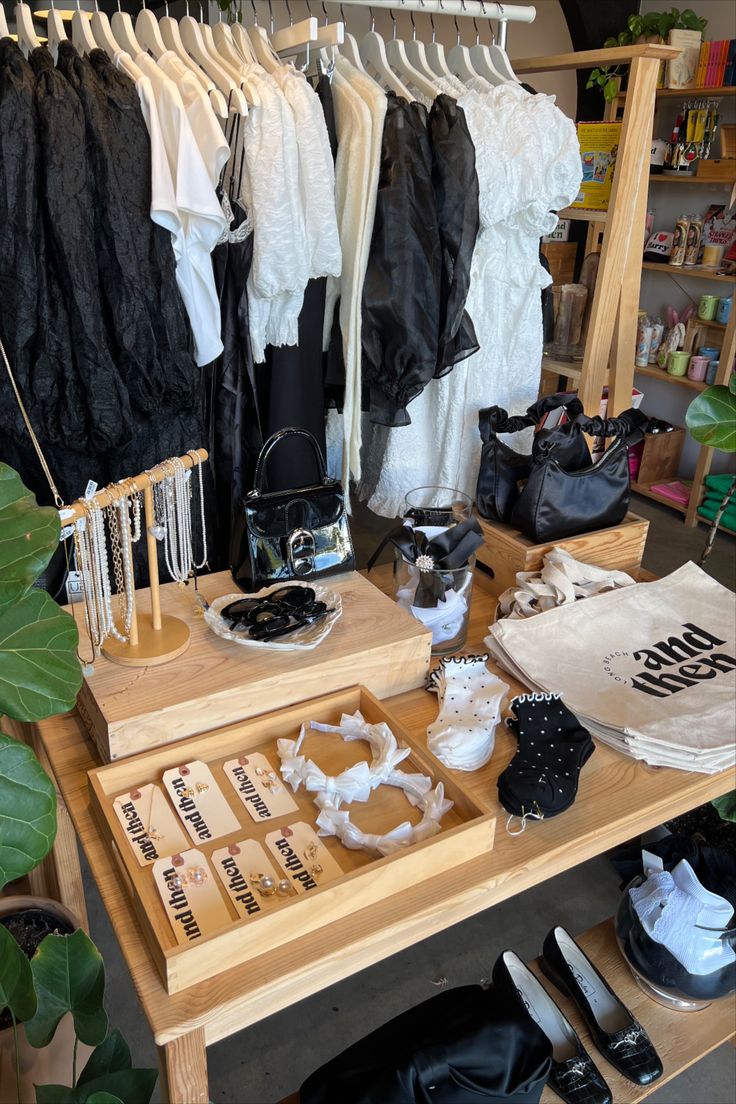 clothes and shoes are on display in a store