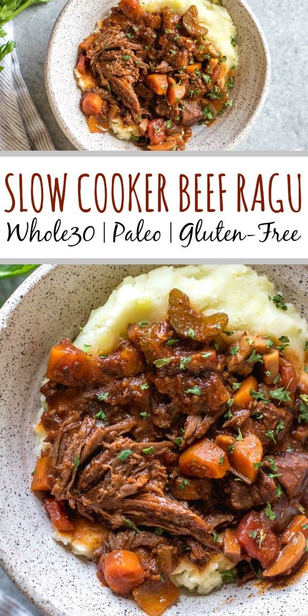 slow cooker beef ragu in a bowl with mashed potatoes