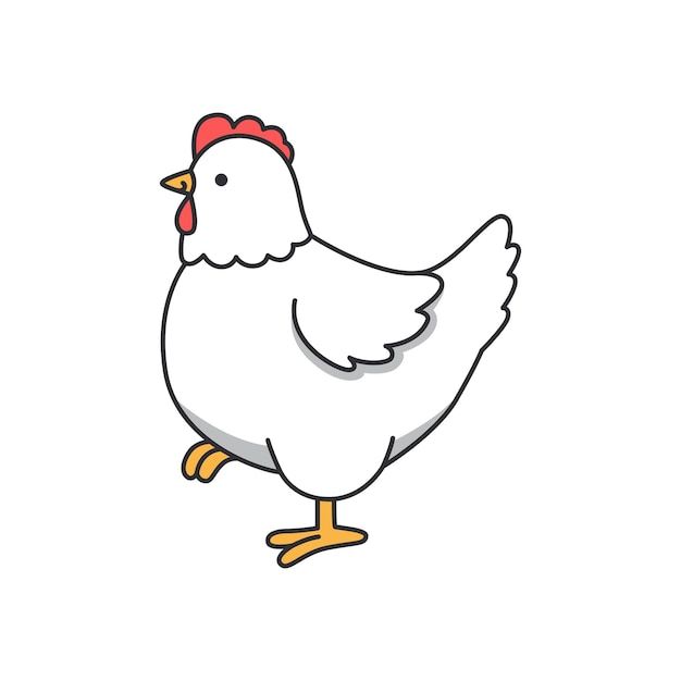 a white chicken with a red comb on its head and legs, standing in front of the