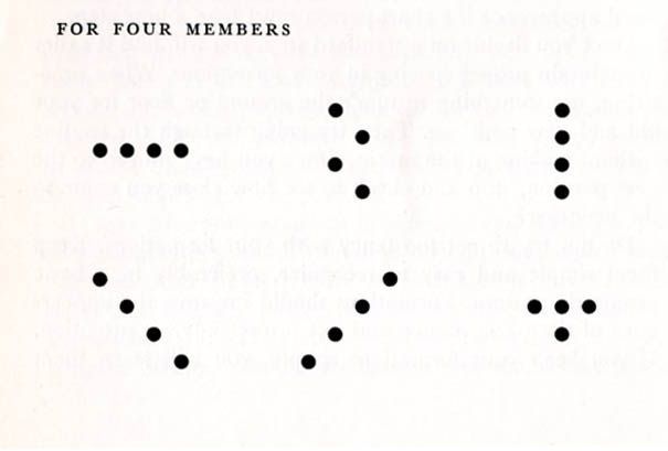 an old book with black dots on white paper and the words for four members written in it