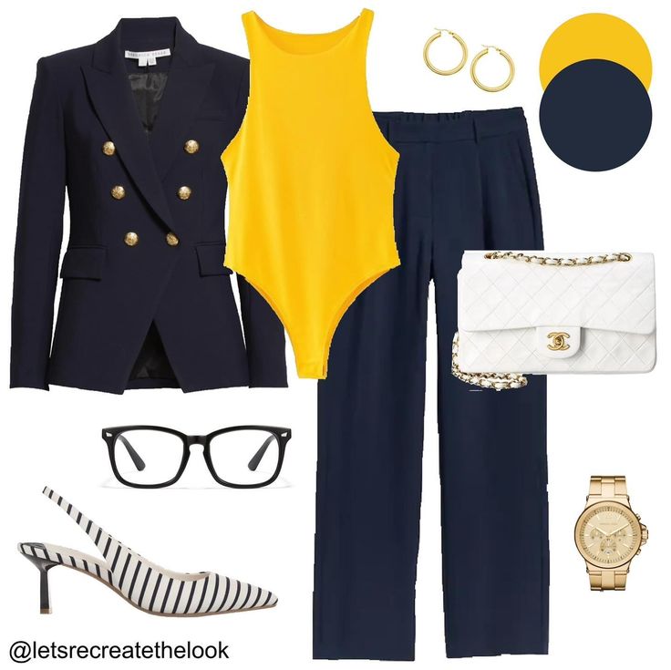 Navy x Yellow x White - 9 Outfit Ideas �💛 A bit nautical, preppy and classic all intertwined and a great combination to try for spring. Look into your closet, I’m sure you have some items in these three colors, think about how you can pair them together. This is a great way to add a pop of color! 💛 Save this post for color and style inspo!🥰 Links will be available on the blog later today. (Link in bio) Are you subscribed? 😉 #letsrecreatethelook #springstyle #outfitideas #styleinspiration #cas... Yellow And Blue Outfits Women, Blue And Yellow Outfit Ideas, Navy Blue Outfit, Fashionable Work Outfit, Blue Outfits, Yellow Outfit, Spring Look, Navy Suit, Everyday Outfit