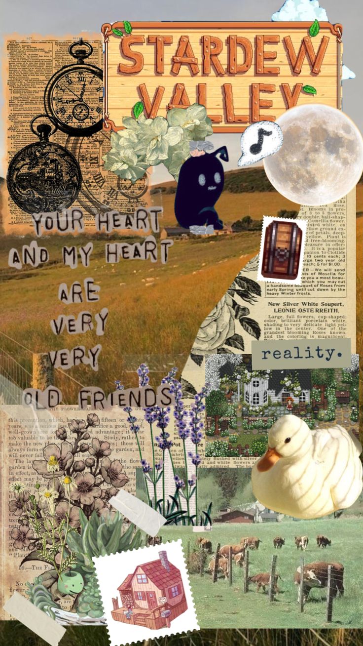 an altered collage with pictures and words on it, including the word stardew valley