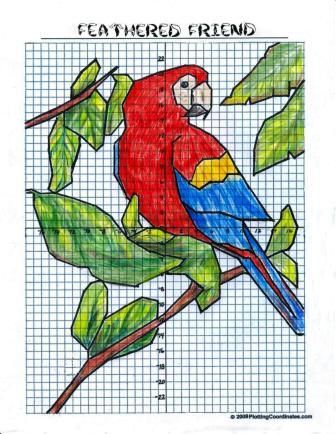 a colorful bird sitting on top of a green leaf covered tree branch in front of a graph paper background