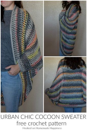 a woman wearing a multicolored crochet sweater with text that reads urban chic cocoon sweater free crochet pattern