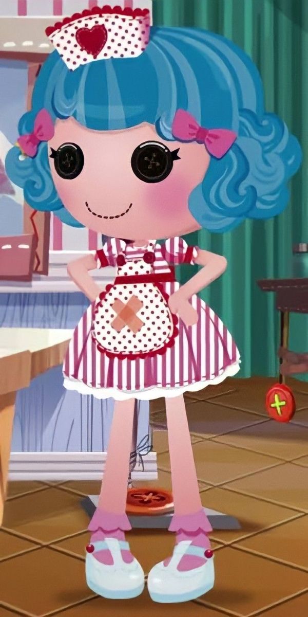 a cartoon girl with blue hair wearing a pink dress and white shoes standing in front of a table