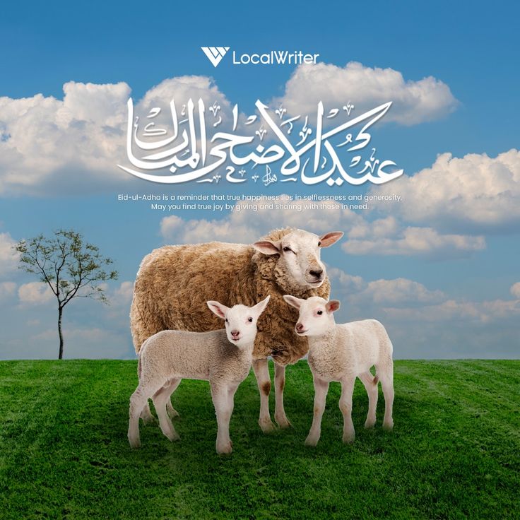 two lambs standing next to each other on top of a grass covered field with clouds in the background