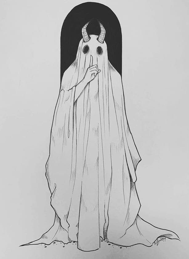 a black and white drawing of a woman in a ghost costume with horns on her head