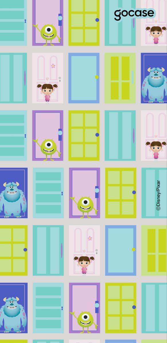 an image of monsters in front of the door and window with their faces on them