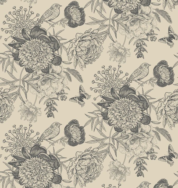 a floral wallpaper pattern with birds and flowers on it's back drop down