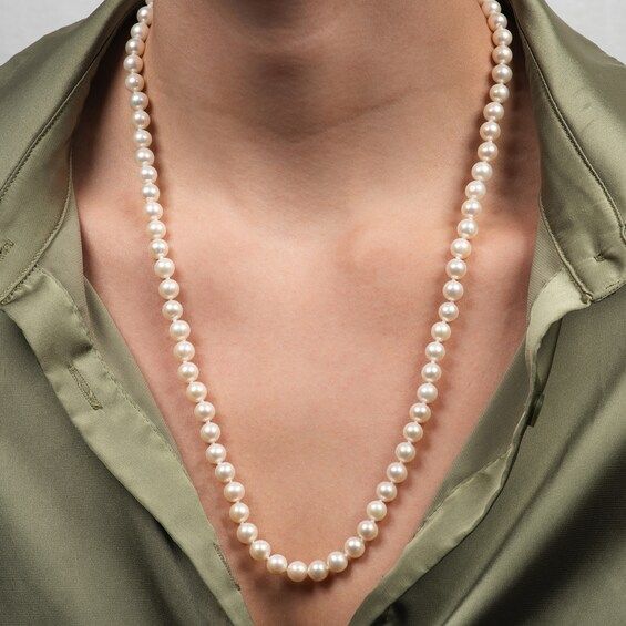 Lustrous Akoya cultured pearls gleam end to end on this classic strand necklace. 14K white gold 6.5-7mm Akoya cultured pearls 20 inches with capsule clasp Classic Single Strand Pearl Necklace With Round Beads, Classic Formal Pearl Necklace With Round Beads, Classic Pearl Necklace For Formal Occasions, Formal Classic Pearl Necklace, Classic Akoya Pearl Single Strand Necklace, Classic Single Strand Akoya Pearl Necklace, Classic Single Strand Pearl Necklace Gift, Classic Single Strand Pearl Necklace As Gift, Single Strand White Gold Pearl Necklace