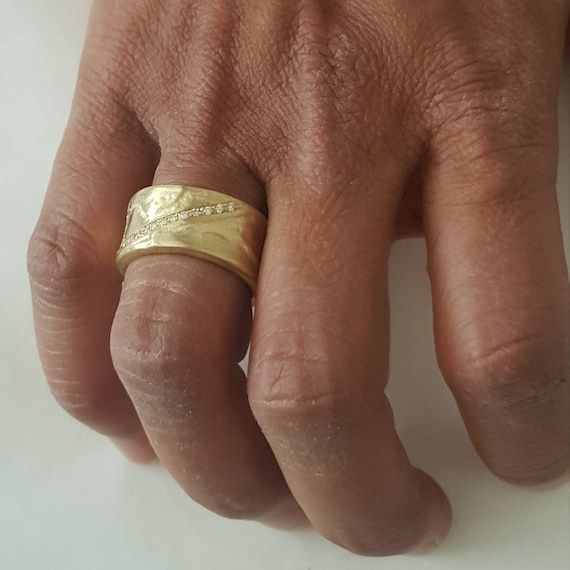 Artisan Diamond Rings, Organic Gold Ring, Wide Gold Band, Textured Gold Ring, Wide Wedding Rings, Hammered Gold Ring, Wide Wedding Bands, Gold Diamond Wedding Rings, Gold Diamond Band