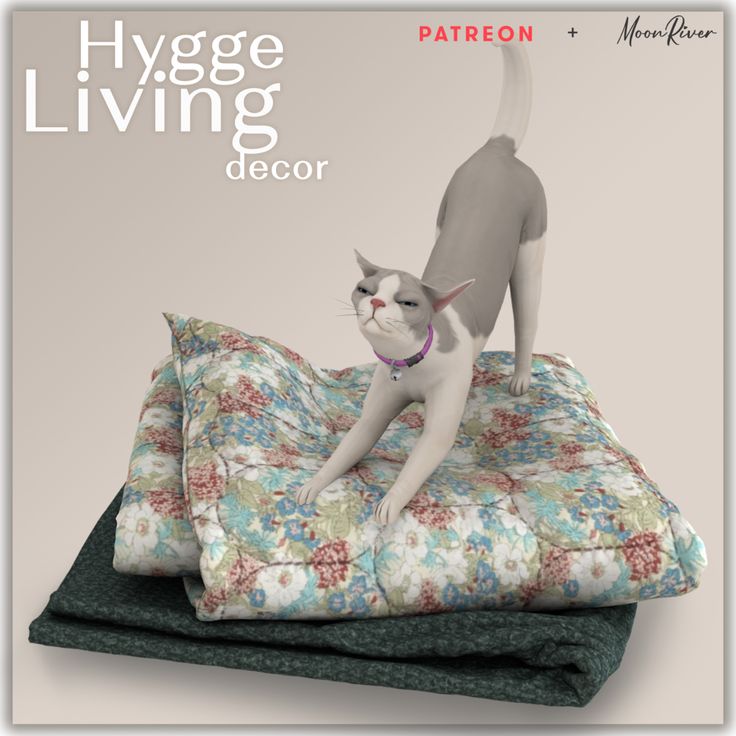 a cat is standing on top of a bed with pillows and blankets in front of it