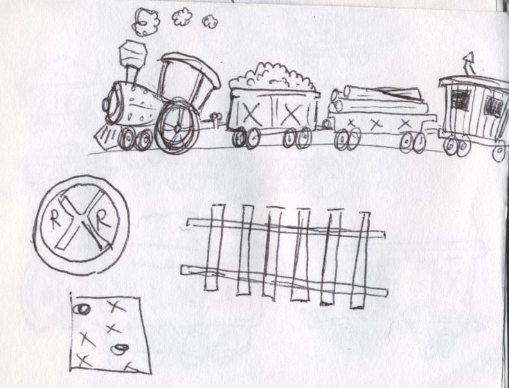 a drawing of a train on the tracks with other things drawn in front of it