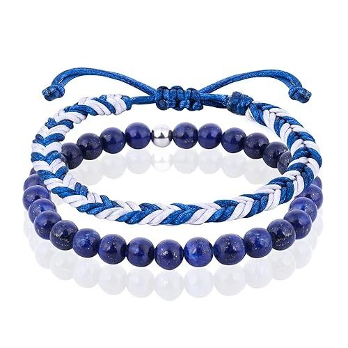 two bracelets with blue and white beads on each one, the bead is made from