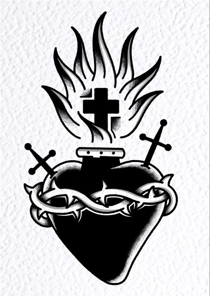 a black and white drawing of a heart with two crosses on it, surrounded by flames