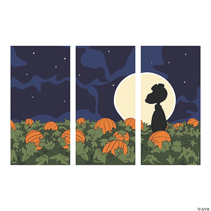 three panels with pumpkins and a dog in the middle one is looking at the moon