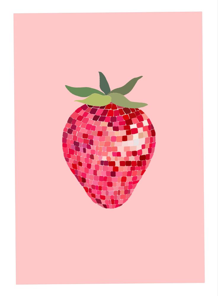 a red strawberry on a pink background with lots of small squares in the shape of a heart